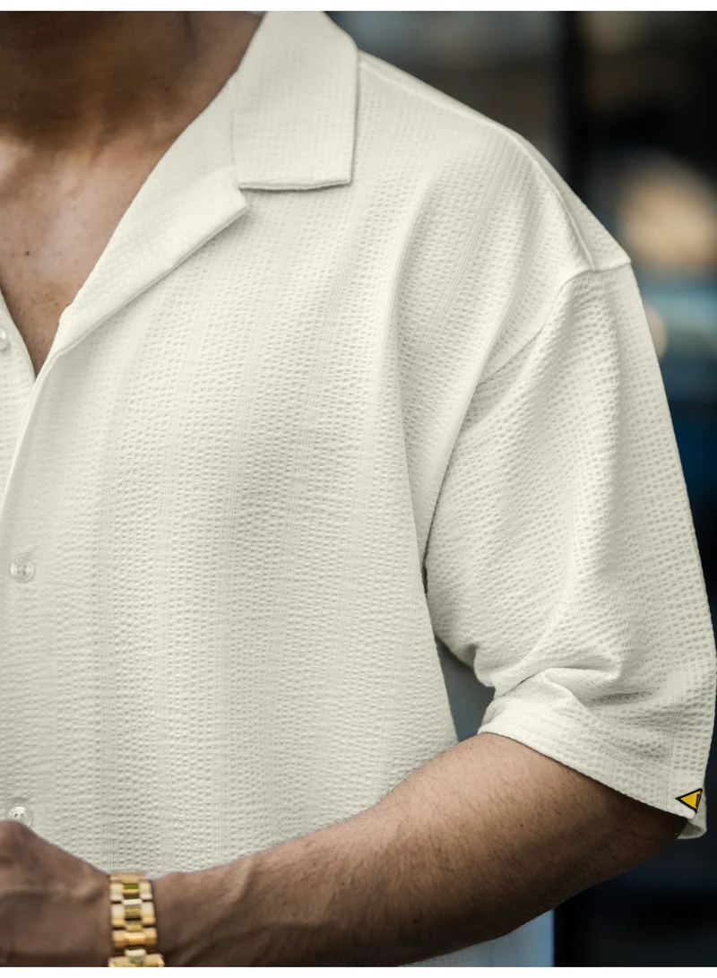 Maniac Maniac Mens Textured Collared Neck Beige SeerSucker Fabric Shirt