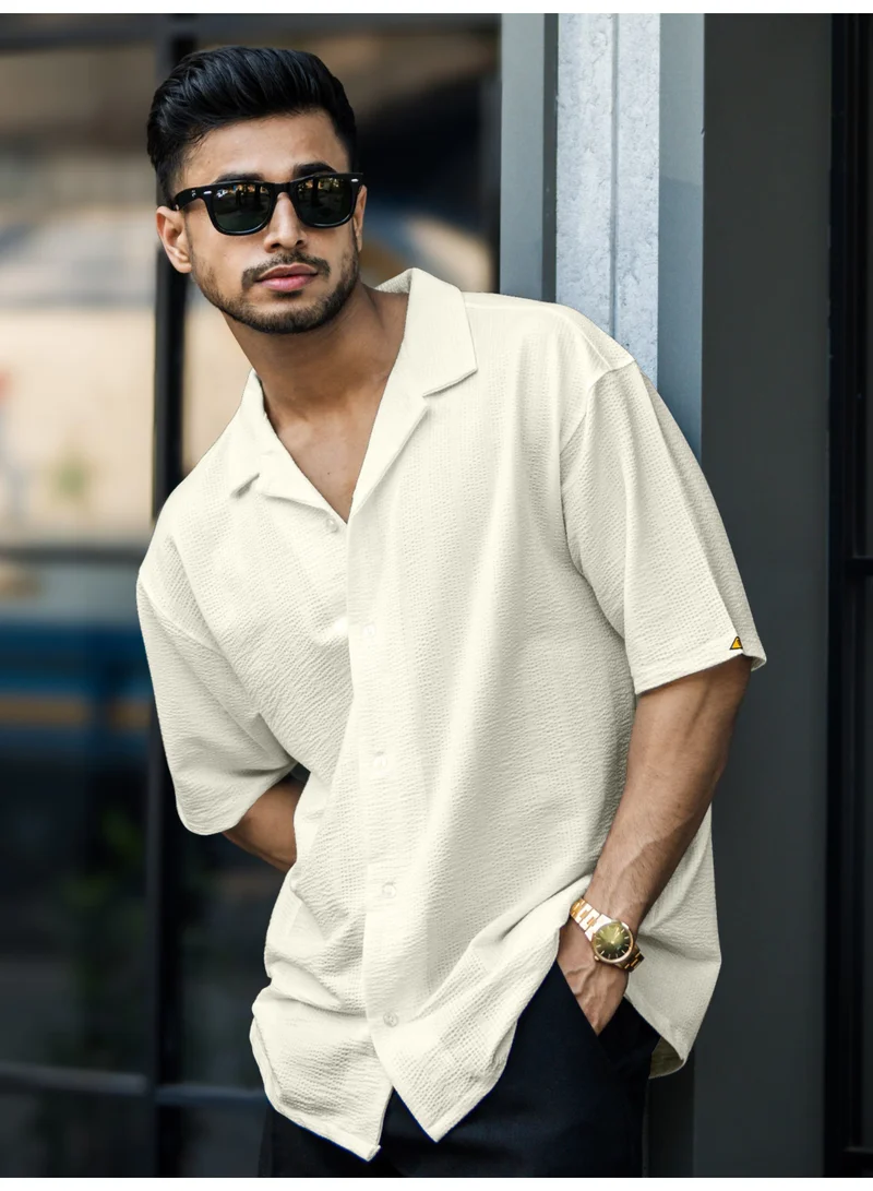 Maniac Maniac Mens Textured Collared Neck Beige SeerSucker Fabric Shirt