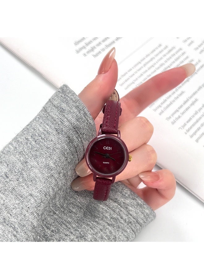 GEDI Minimalist Women's Watch, Burgundy Leather Strap Elegant Casual Quartz Wristwatch