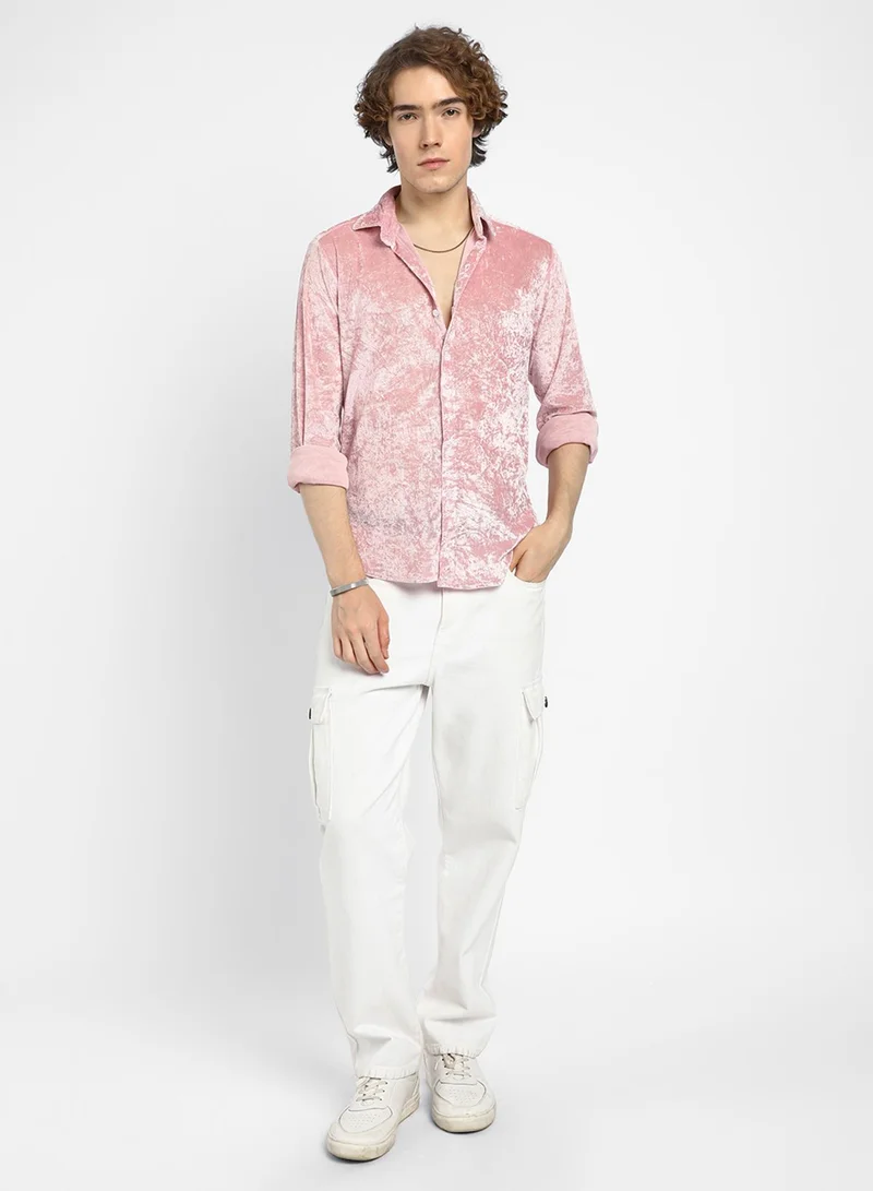 Campus Sutra Men's Blush Pink Solid Velvet Shirt