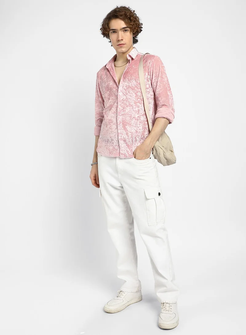 Campus Sutra Men's Blush Pink Solid Velvet Shirt