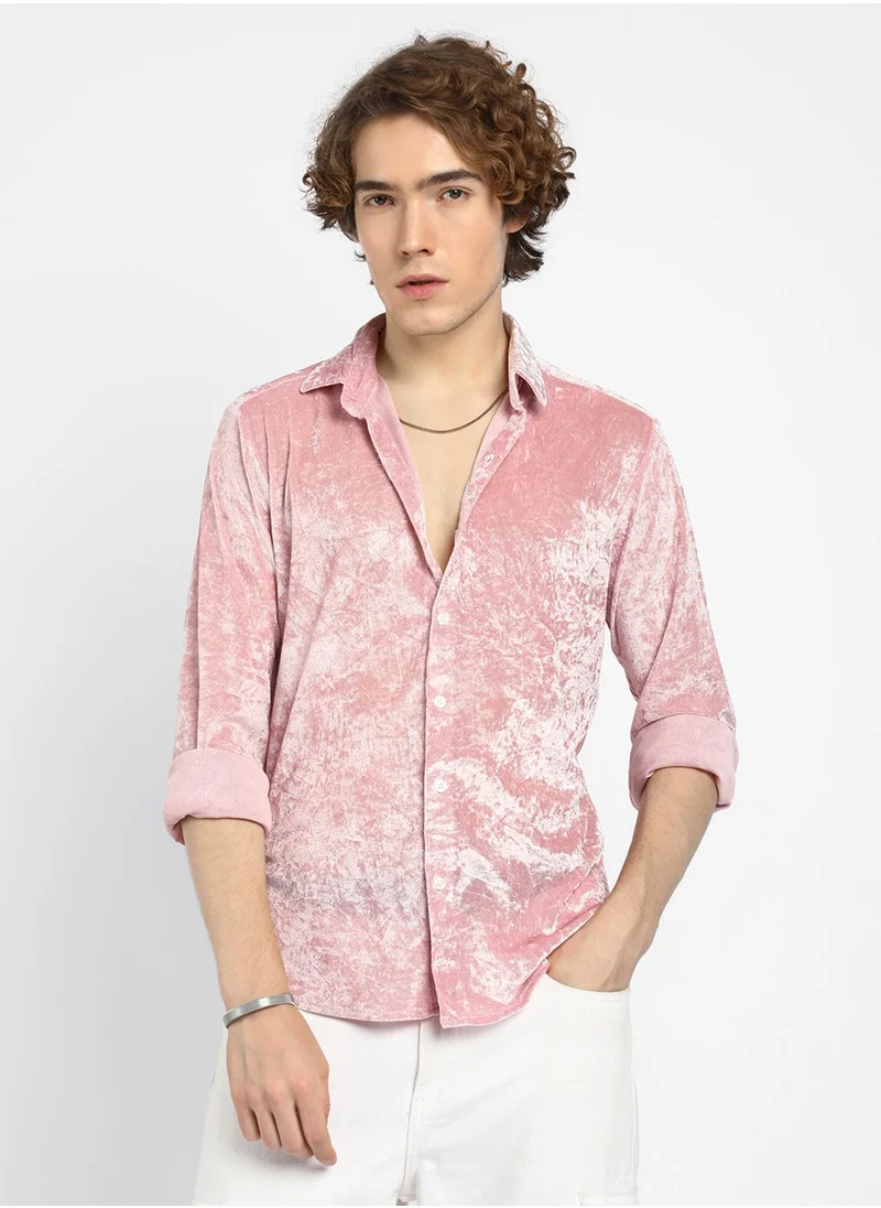 كامبوس سوترا Men's Blush Pink Solid Velvet Shirt