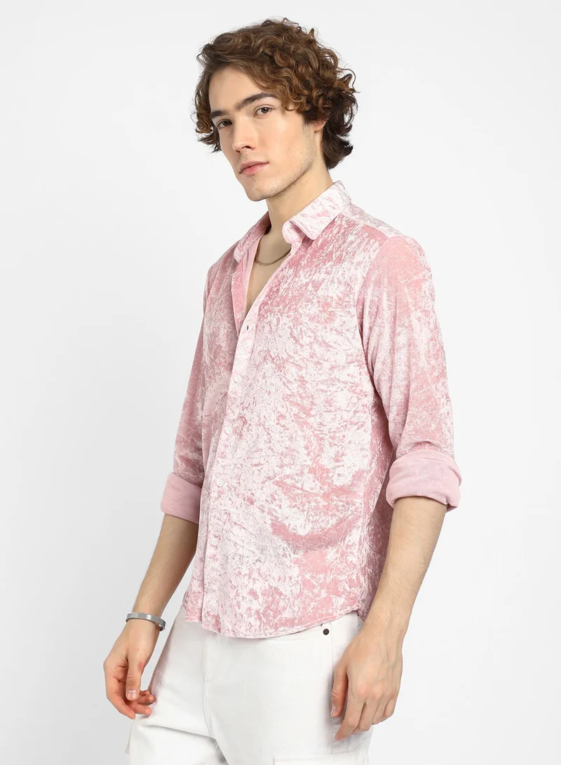 Campus Sutra Men's Blush Pink Solid Velvet Shirt
