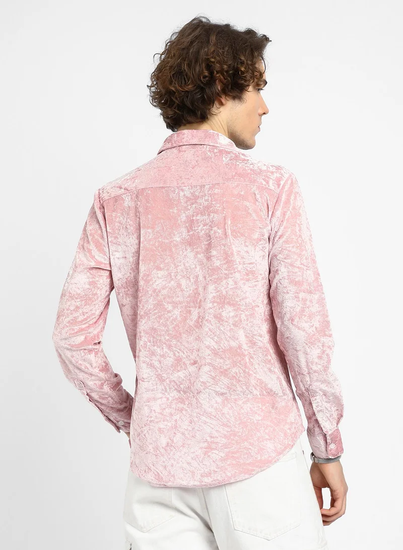 Campus Sutra Men's Blush Pink Solid Velvet Shirt