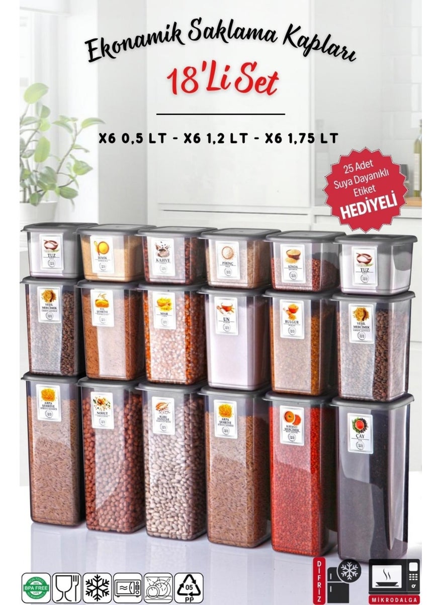 Nandy Home Labeled 18-Piece Anthracite Economical Unbreakable Storage Container Set X6 - 1.75/1.2/0.5 Lt  - Image 1