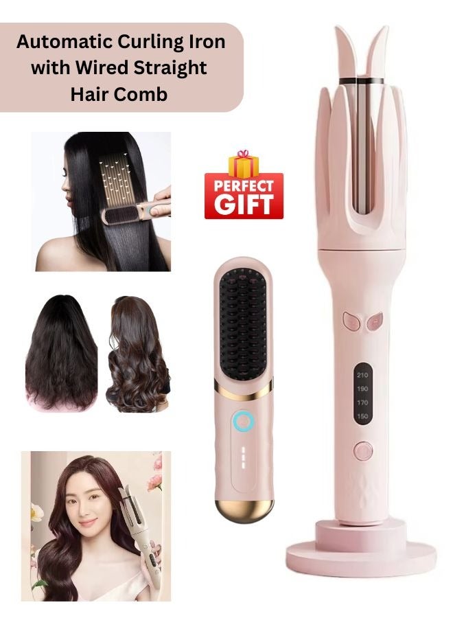 بيتشو مكواة تجعيد الشعر الأوتوماتيكية 2 في 1 مع مشط سلكي للشعر المستقيم، 4 درجات حرارة تسخين سريع، دوران في اتجاهين، إيقاف تلقائي، فرشاة فرد شعر صغيرة، أفضل هدية