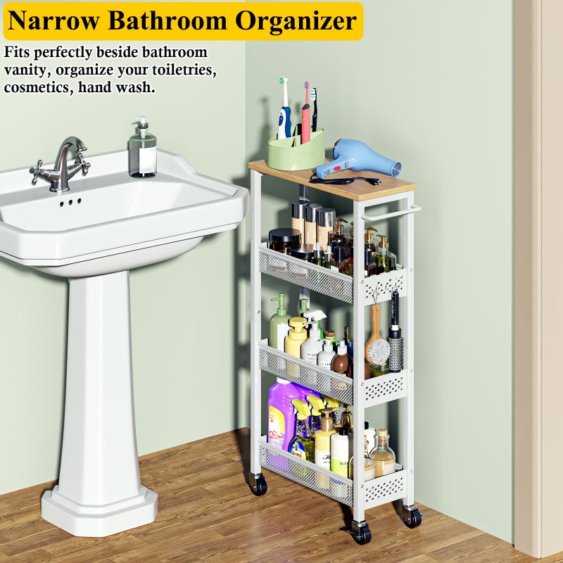 OKZEST Utility Slim Storage Cart, 4 Tier Small Rolling Kitchen Laundry Room Cart with Wood Top, Metal Narrow Bathroom Storage Cabinet Mobile Shelf Unit Organizer Trolley with Handle for Narrow Space - Image 3