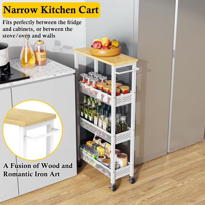 OKZEST Utility Slim Storage Cart, 4 Tier Small Rolling Kitchen Laundry Room Cart with Wood Top, Metal Narrow Bathroom Storage Cabinet Mobile Shelf Unit Organizer Trolley with Handle for Narrow Space - Image 4