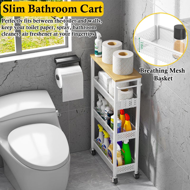 OKZEST Utility Slim Storage Cart, 4 Tier Small Rolling Kitchen Laundry Room Cart with Wood Top, Metal Narrow Bathroom Storage Cabinet Mobile Shelf Unit Organizer Trolley with Handle for Narrow Space - Image 5