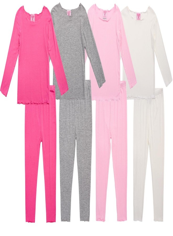 Mon Petit Baby Girls Pajama Set - 8 Piece Soft Rib Knit Toddler Girls Pajamas Sleep Shirt & Pants PJs Matching Set (12M-7), Size 18 Months, Light Pink/Grey/Ivory/Pink - Image 1