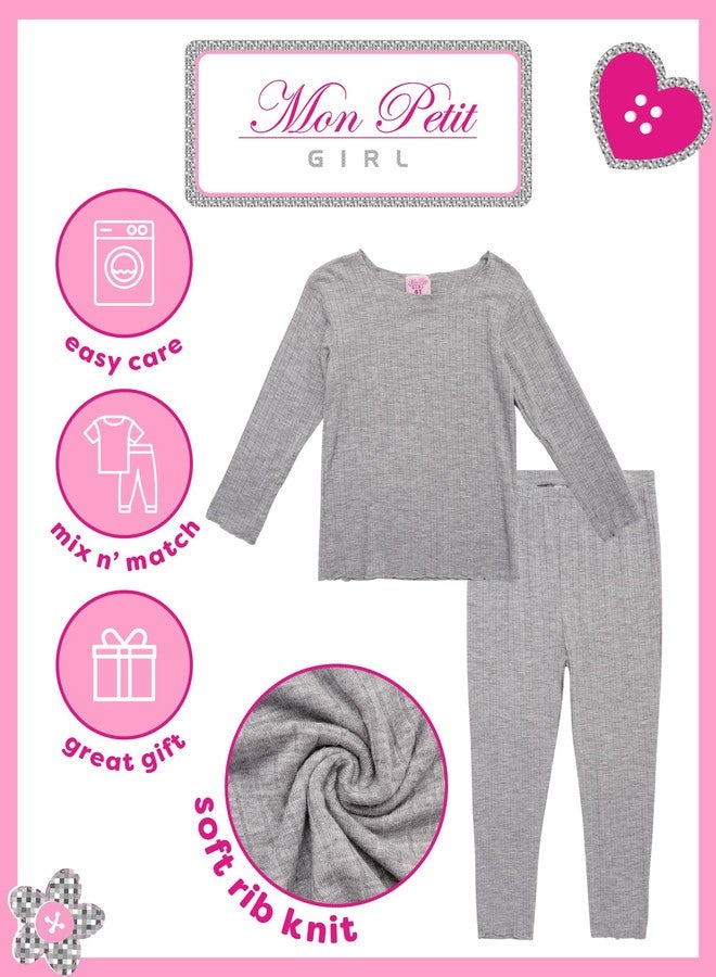 Mon Petit Baby Girls Pajama Set - 8 Piece Soft Rib Knit Toddler Girls Pajamas Sleep Shirt & Pants PJs Matching Set (12M-7), Size 18 Months, Light Pink/Grey/Ivory/Pink - Image 2
