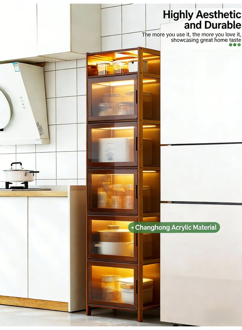 6 Tier Slim Bamboo Storage Cabinet With Clear Acrylic Dustproof Doors Freestanding Tall Kitchen Pantry Cupboard Multipurpose Space Saving Organizer Rack For Kitchen Living Room Home Bedroom Corner Use - Image 4