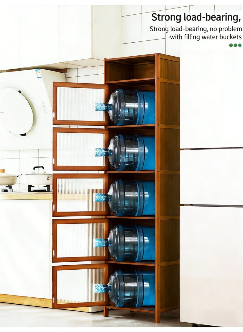 6 Tier Slim Bamboo Storage Cabinet With Clear Acrylic Dustproof Doors Freestanding Tall Kitchen Pantry Cupboard Multipurpose Space Saving Organizer Rack For Kitchen Living Room Home Bedroom Corner Use - Image 3