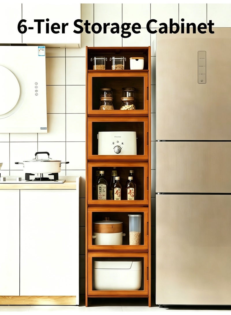 6 Tier Slim Bamboo Storage Cabinet With Clear Acrylic Dustproof Doors Freestanding Tall Kitchen Pantry Cupboard Multipurpose Space Saving Organizer Rack For Kitchen Living Room Home Bedroom Corner Use - Image 1