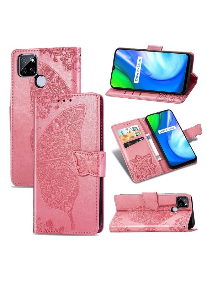 HuHa Case Cover For Realme V3 Butterfly Love Flower Embossed Horizontal Flip Leather Case with Bracket / Card Slot / Wallet / Lanyard Pink 