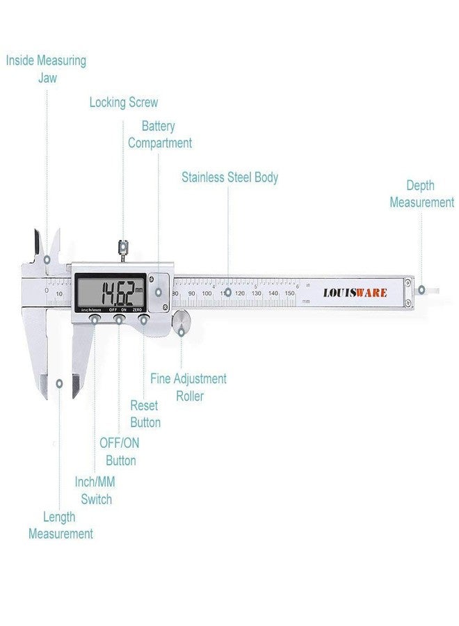 Louisware Digital Caliper Measuring Tool, Stainless Steel Vernier Caliper Digital Micrometer with Large LCD Screen, 6 Inch Caliper Tool for DIY/Household, Auto-Off Feature, Inch and Millimeter Conversion - Image 2