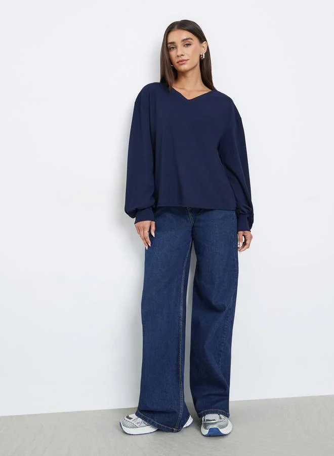 Styli Navy Blue V-Neck Balloon Sleeve T-Shirt