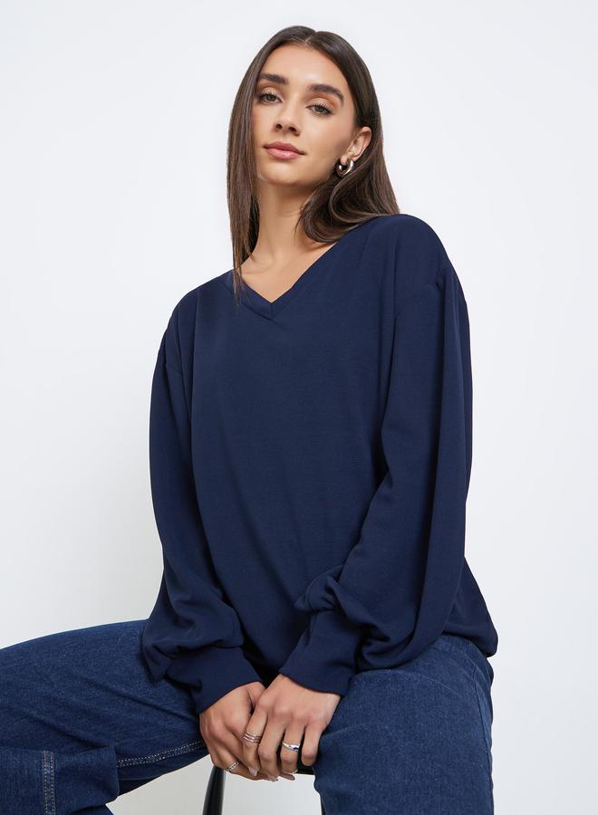 Styli Navy Blue V-Neck Balloon Sleeve T-Shirt - Image 1