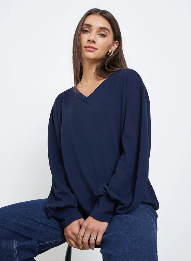 Styli Navy Blue V-Neck Balloon Sleeve T-Shirt