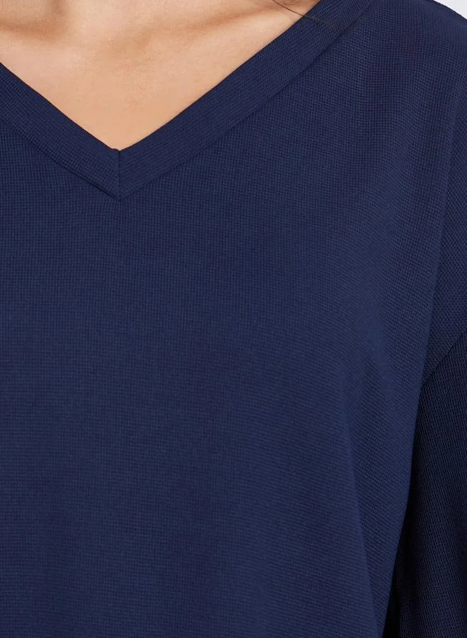 Styli Navy Blue V-Neck Balloon Sleeve T-Shirt