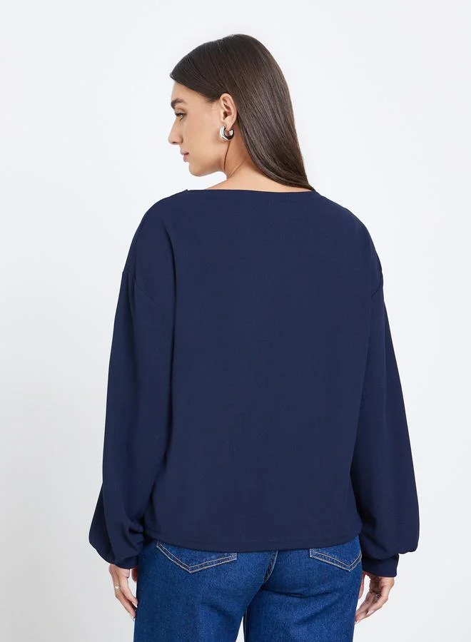 Styli Navy Blue V-Neck Balloon Sleeve T-Shirt