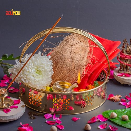 ROLIMOLI New Center Laxmi Design Brass Basket Circle Shaped for Pooja ghar 21 cm Diameter (Gold) - Image 5