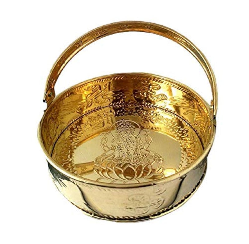 ROLIMOLI New Center Laxmi Design Brass Basket Circle Shaped for Pooja ghar 21 cm Diameter (Gold) - Image 1