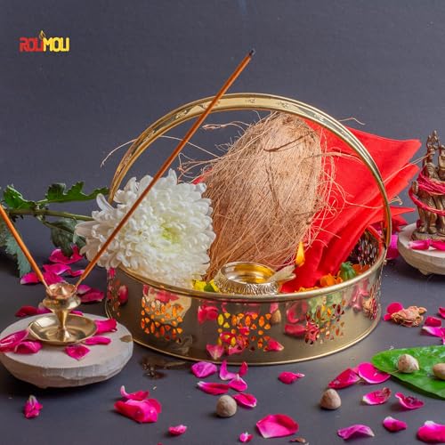 ROLIMOLI New Center Laxmi Design Brass Basket Circle Shaped for Pooja ghar 21 cm Diameter (Gold) - Image 3