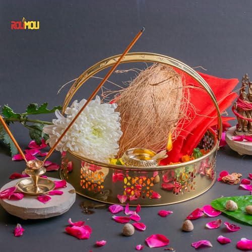 ROLIMOLI New Center Laxmi Design Brass Basket Circle Shaped for Pooja ghar 21 cm Diameter (Gold) - Image 4