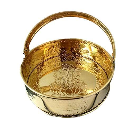 ROLIMOLI New Center Laxmi Design Brass Basket Circle Shaped for Pooja ghar 21 cm Diameter (Gold) - Image 2