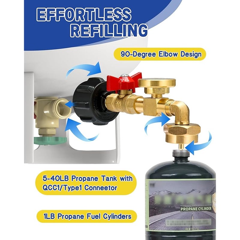 BEEDEFUL Upgraded Propane Refill Adapter with Valve and Gauge, for Filling 1lb Bottles from a 20lb Tank, Fits QCC1/Type1 Propane Tanks and 1lb Disposable Cylinders, Solid Brass, Includes 1x Sealing Tape - Image 2