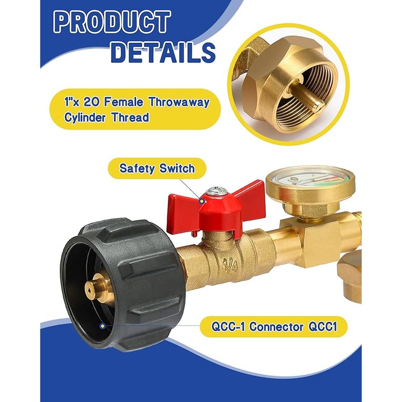BEEDEFUL Upgraded Propane Refill Adapter with Valve and Gauge, for Filling 1lb Bottles from a 20lb Tank, Fits QCC1/Type1 Propane Tanks and 1lb Disposable Cylinders, Solid Brass, Includes 1x Sealing Tape - Image 4