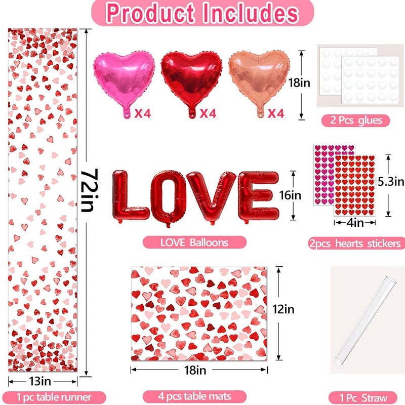 multiwins Valentines Day Table Runner And Placemat Set: 13"x72" Red Hearts Table Runner With 4 Matching 12"x18" Placemats - Includes LOVE Balloon, 12 Heart Balloons, Stickers & Straws For Home Decor - Image 2