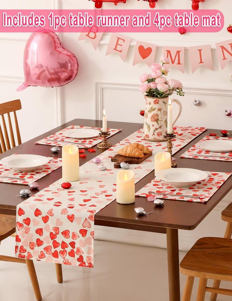 multiwins Valentines Day Table Runner And Placemat Set: 13"x72" Red Hearts Table Runner With 4 Matching 12"x18" Placemats - Includes LOVE Balloon, 12 Heart Balloons, Stickers & Straws For Home Decor - Image 3
