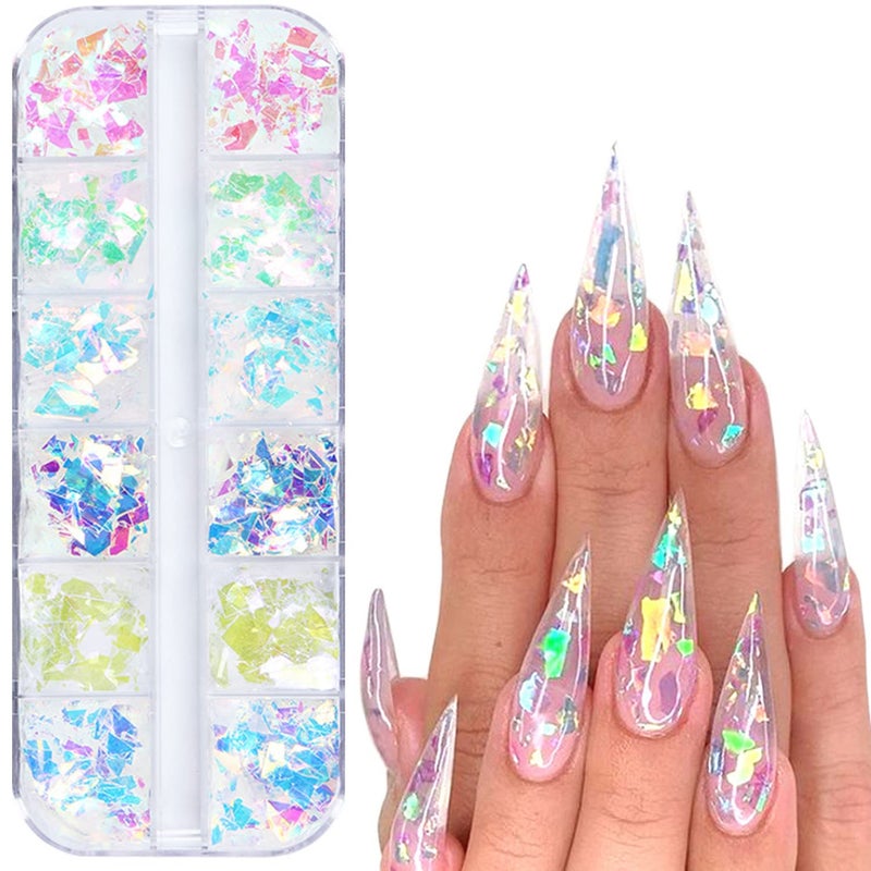 Iridescent Glitter Nail Art Sequins Holographic 3D Irregular Ultra Thin Nail Art Glitter Flakes Design Shiny Mermaid Transparent Nail Glitter Slices Supplies for Women Girls Manicure Decorations