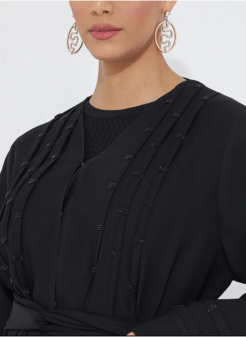 Rosette Abaya Pleated Stoned Black Abaya