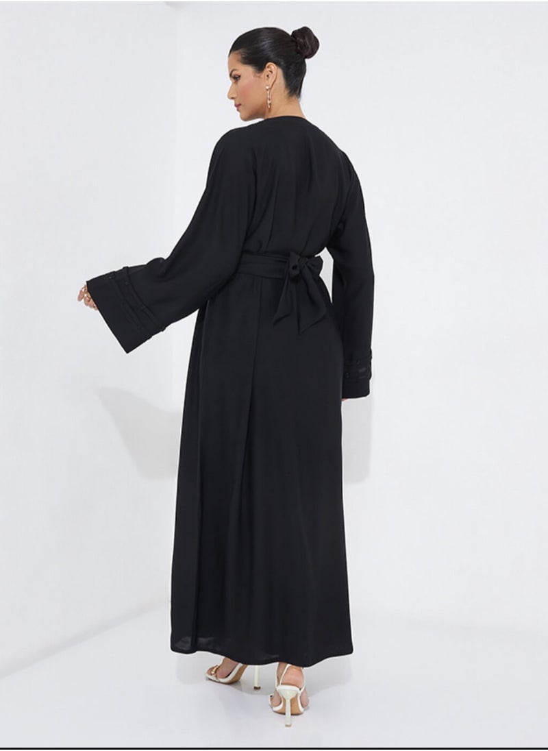 Rosette Abaya - Pleated Stoned Black Abaya - Image 1
