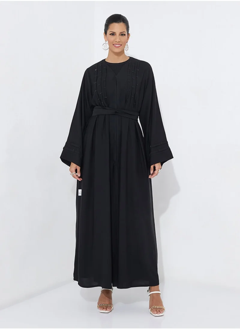 Rosette Abaya Pleated Stoned Black Abaya