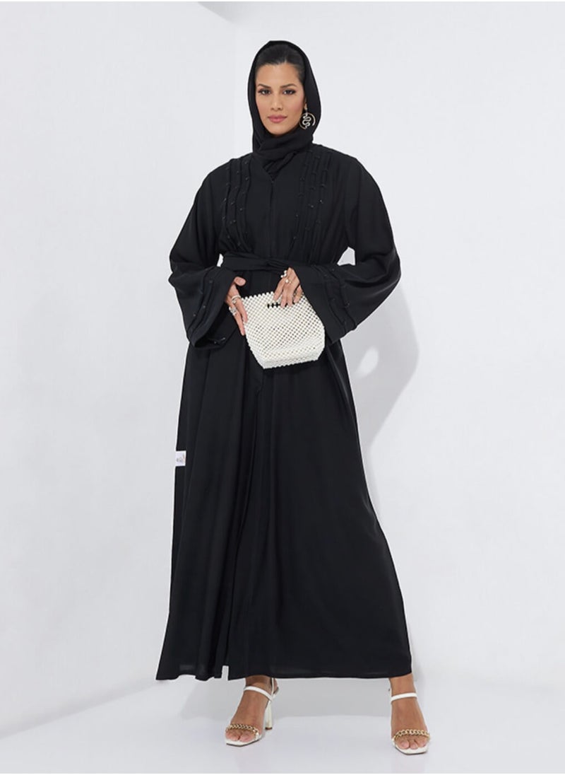 Rosette Abaya - Pleated Stoned Black Abaya - Image 1