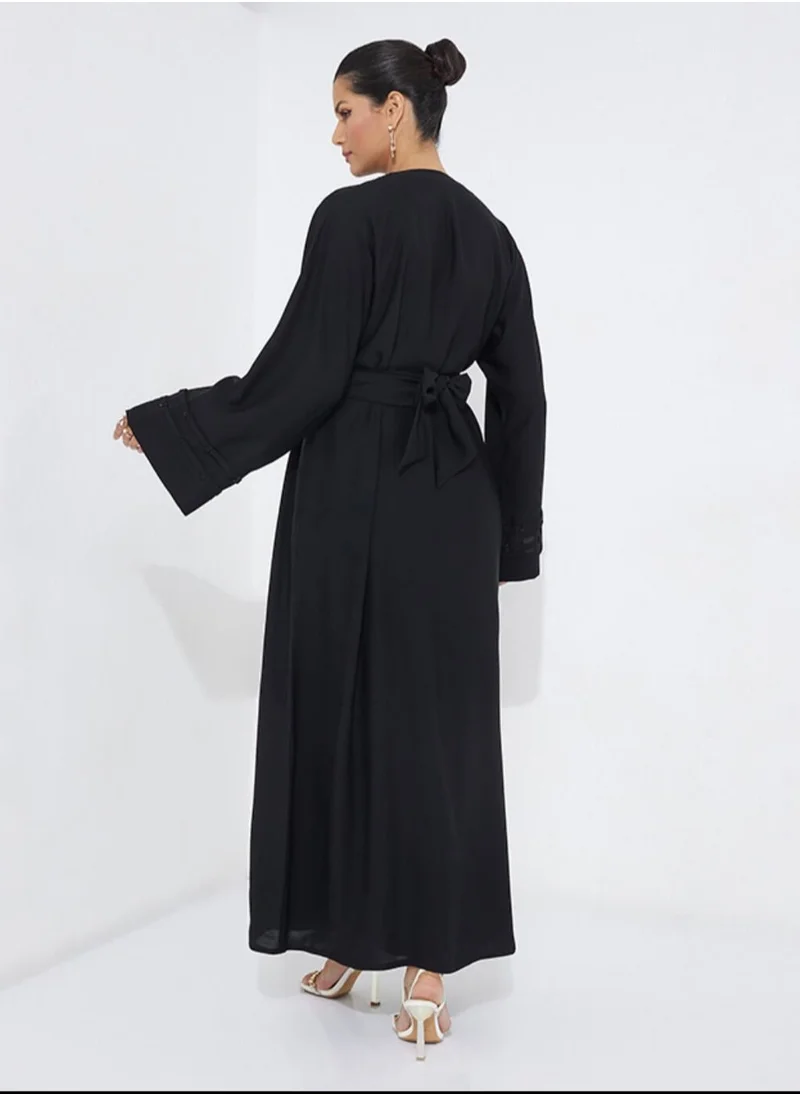 Rosette Abaya Pleated Stoned Black Abaya