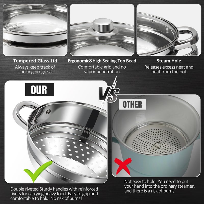 AuFrancÂ® 4 Quart 18/10 Stainless Steel Tri-ply Stockpot and Steamer with Tempered Glass Lid, Multipurpose Steamer Pot Compatible with All Cooktops, Non-Toxic Soup Pot, Oven & Dishwasher Safe (Silver) - Image 4