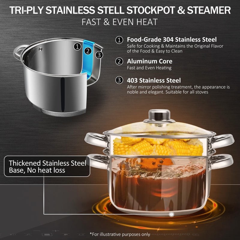 AuFrancÂ® 4 Quart 18/10 Stainless Steel Tri-ply Stockpot and Steamer with Tempered Glass Lid, Multipurpose Steamer Pot Compatible with All Cooktops, Non-Toxic Soup Pot, Oven & Dishwasher Safe (Silver) - Image 3