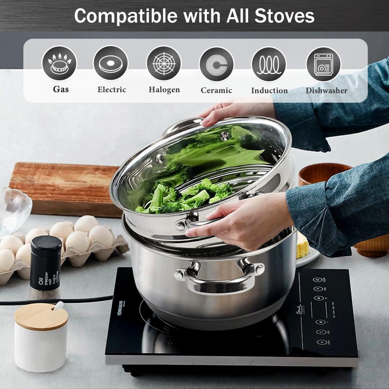 AuFrancÂ® 4 Quart 18/10 Stainless Steel Tri-ply Stockpot and Steamer with Tempered Glass Lid, Multipurpose Steamer Pot Compatible with All Cooktops, Non-Toxic Soup Pot, Oven & Dishwasher Safe (Silver) - Image 5