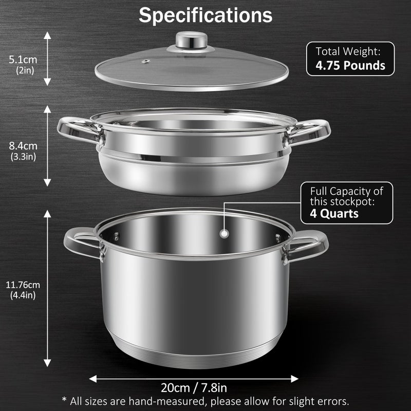 AuFrancÂ® 4 Quart 18/10 Stainless Steel Tri-ply Stockpot and Steamer with Tempered Glass Lid, Multipurpose Steamer Pot Compatible with All Cooktops, Non-Toxic Soup Pot, Oven & Dishwasher Safe (Silver) - Image 2