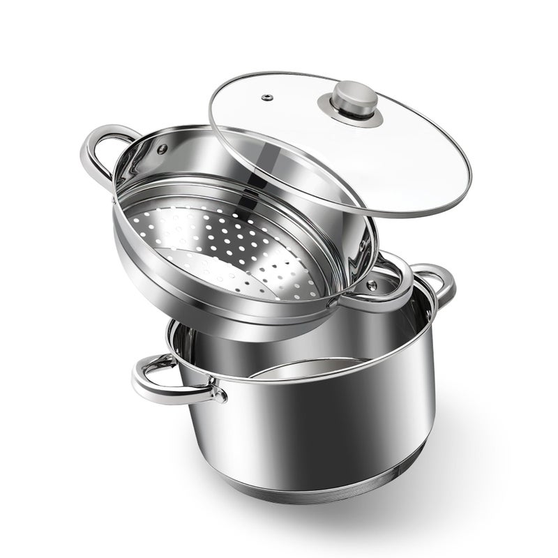 AuFrancÂ® 4 Quart 18/10 Stainless Steel Tri-ply Stockpot and Steamer with Tempered Glass Lid, Multipurpose Steamer Pot Compatible with All Cooktops, Non-Toxic Soup Pot, Oven & Dishwasher Safe (Silver) - Image 1
