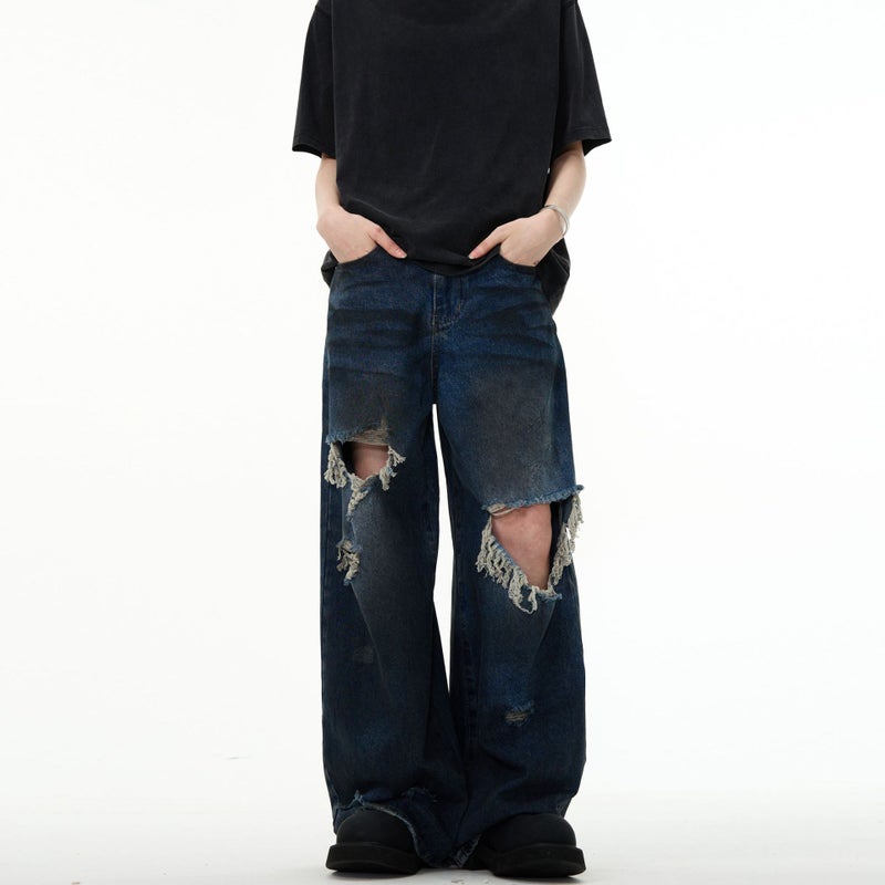 American Retro Distressed Beggar Ripped Design Mop Washed Jeans Niche High Street Loose All-match Wide Leg Pants Blue