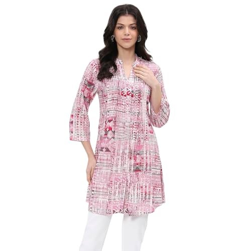 Biba Women Pink Viscose Rayon Printed Short Kurta_36 - Image 1