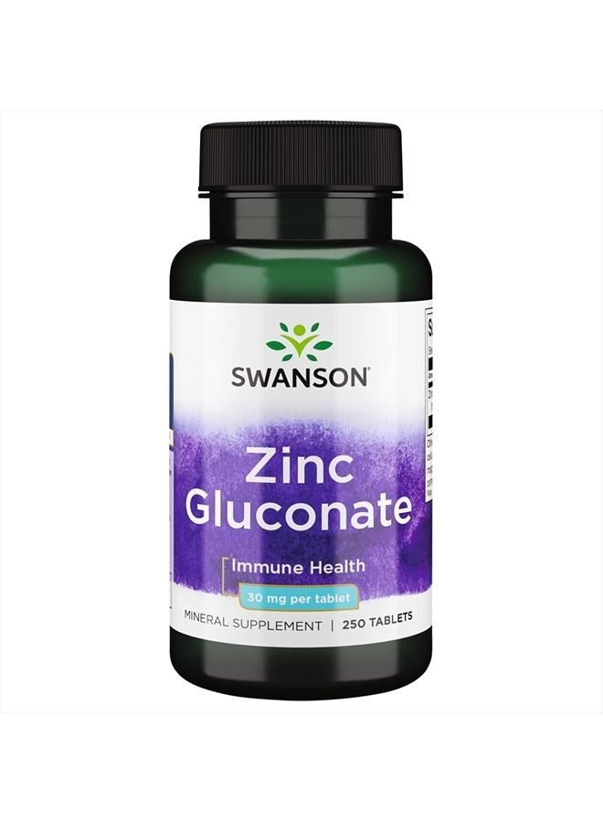 SWANSON Zinc Gluconate - Mineral Supplement Promoting Prostate Health, Vision Health, & Immune Support -Gluconate Form for Optimal Absorption - (250 Tablets, 30mg Each) - Image 1