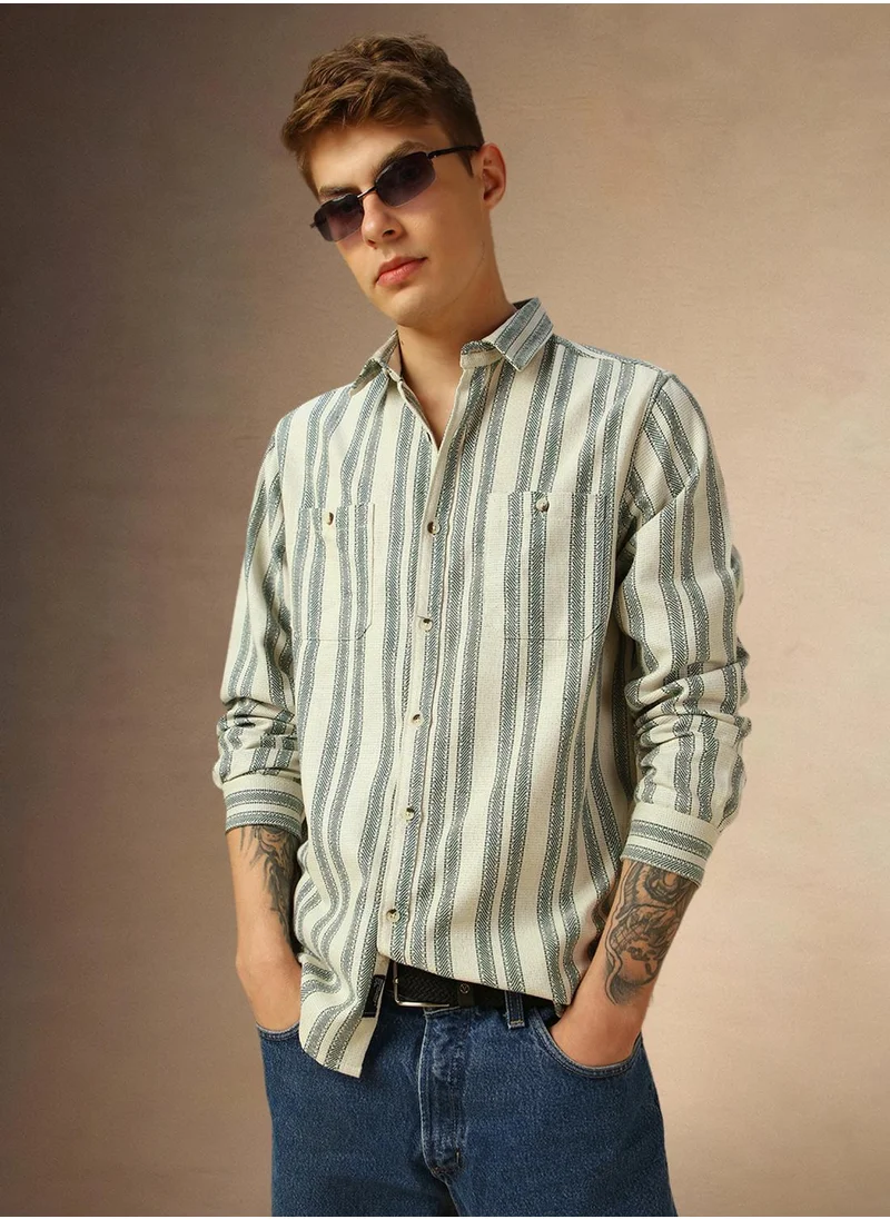 دينيس لينغو Men's Off White Cotton Blend Striped Shirt