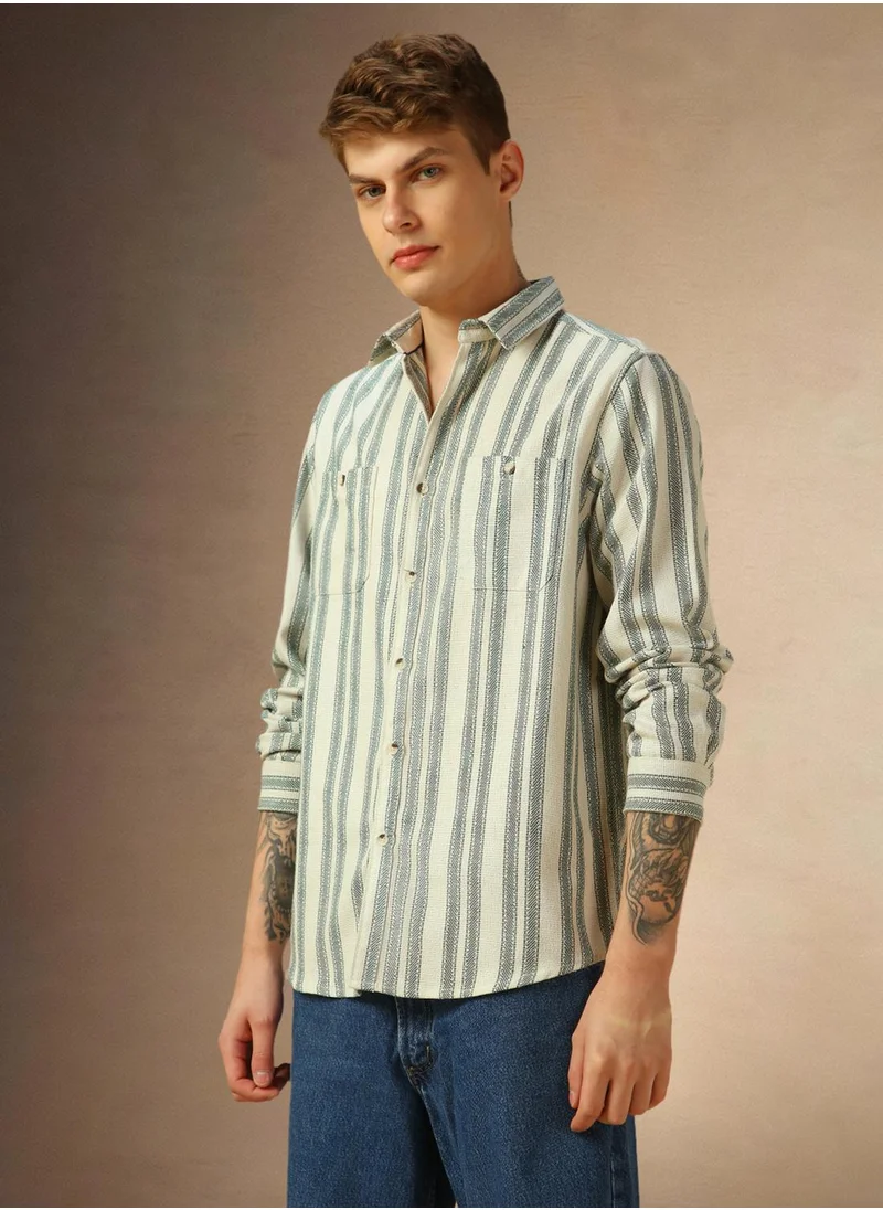 دينيس لينغو Men's Off White Cotton Blend Striped Shirt
